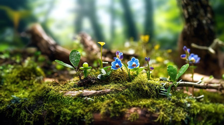 Beautiful blue pansy flowers in the forest. Selective focus.の素材
