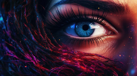 Close-up of beautiful woman's eye with red hair. 3D rendering.の素材