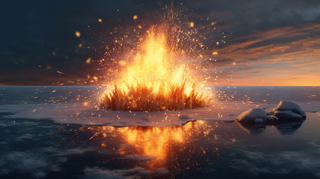 Burning bonfire in the sea, 3d render illustration.の素材