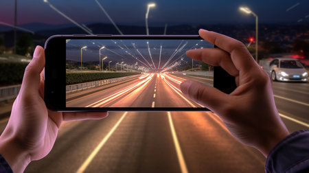 Smartphone in hand on the background of the road with light trailsの素材