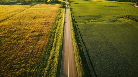 Aerial view of a road in the middle of a field.の素材
