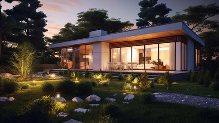 3d rendering of modern cozy house with pool and parking for sale or rent in luxurious style and beautiful landscaping on background. Clear summer evening with warm light from window.の素材