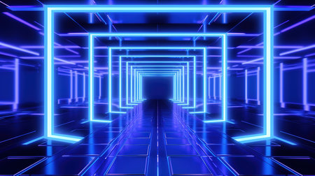 Futuristic corridor with glowing neon lights. 3D rendering.の素材