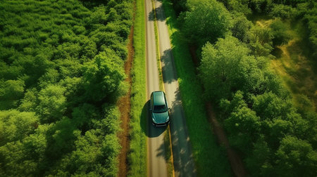 Aerial view of a car driving on the road in the forestの素材