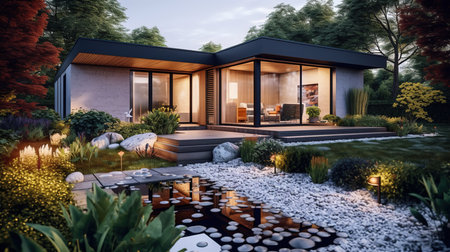 3d rendering of modern cozy house with pool and parking for sale or rent in luxurious style and beautiful landscaping on background. Clear summer evening with cozy light from window.の素材