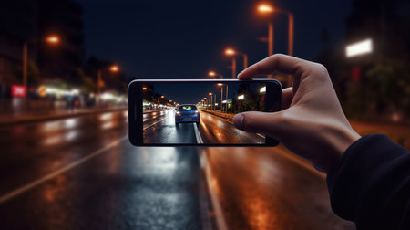 Taking photo on smart phone concept. Car on the road at night.の素材