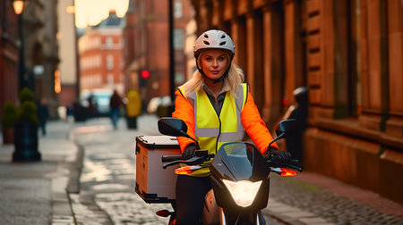 Young delivery woman with a parcel on a scooter in the cityの素材