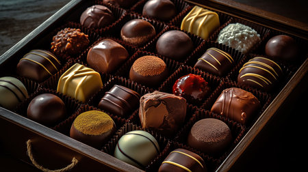 Box of assorted chocolates on dark background. Toned.の素材