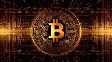 Bitcoin sign on the background of the binary code. Cryptocurrency concept.の素材