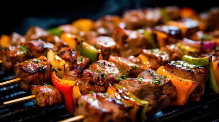 Skewers with meat and vegetables on a barbecue grill.の素材