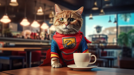 Cat dressed as superhero with cup of coffee in cafe. Mixed mediaの素材