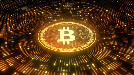 Abstract digital background with bitcoin symbol. Cryptocurrency concept. 3D Renderingの素材