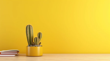 Cactus in yellow pot on wooden table and yellow wall background.の素材