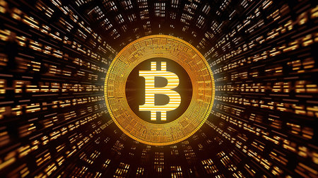 Golden bitcoin hologram over a black background with binary code. 3d renderingの素材