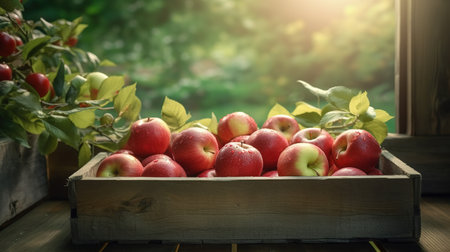 Red apples in a wooden box on a background of green grass.の素材