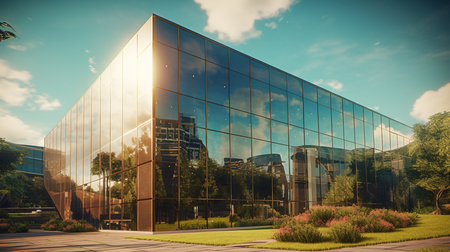 Modern office building with glass facade and sunbeam. Perspective view.の素材