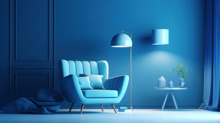 Blue living room with armchair and lamp, 3d render.の素材