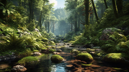 Fantasy landscape with a river in the forest. 3d renderの素材