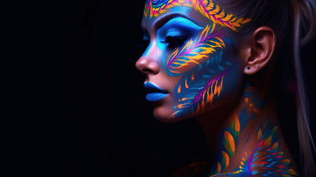 Close-up portrait of a beautiful woman with art make-up and body paintingの素材