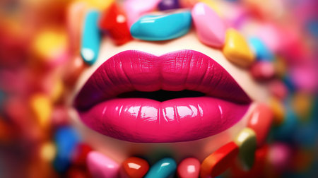 Close up of female lips with bright pink lipstick and multicolored candiesの素材