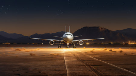 Airplane taking off at night with mountains in the background. 3D rendering.の素材