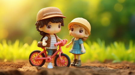 Cute little boy and girl with bicycle on green grass background.の素材