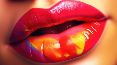 Closeup of beautiful female lips with red and yellow glossy lipstick.の素材