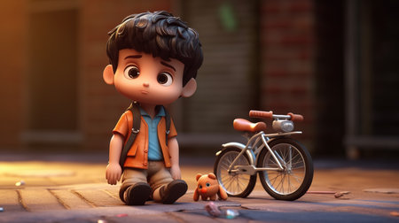 Little boy sitting on the ground with his bike. 3d renderingの素材