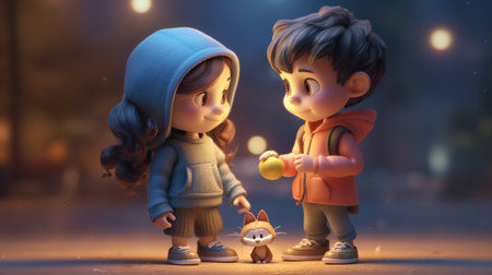 Cute little boy and girl in the city at night, soft focusの素材