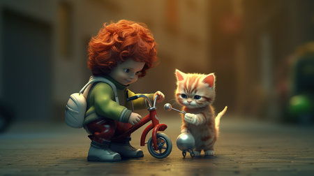 Cute little boy playing with a toy cat and a red tricycleの素材