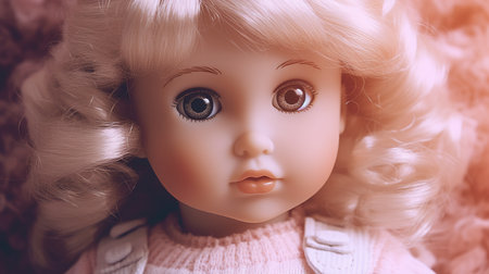 Closeup of a vintage doll with blond hair and blue eyes.の素材