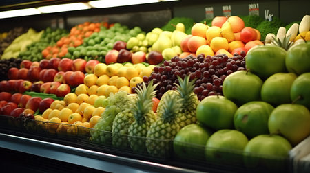 Fruits and vegetables on the counter of a grocery store or supermarketの素材