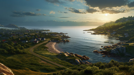 Fantastic panorama of the sea and the village at sunsetの素材