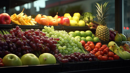 Fruits and vegetables on the counter of a supermarket in the eveningの素材