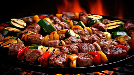Grilled meat with vegetables on a barbecue grill. Selective focus.の素材