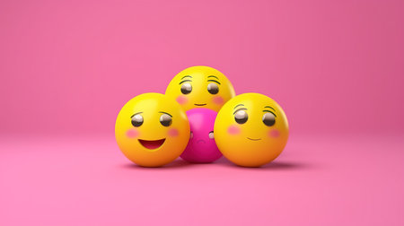 3d illustration of yellow smileys with different expressions on pink backgroundの素材
