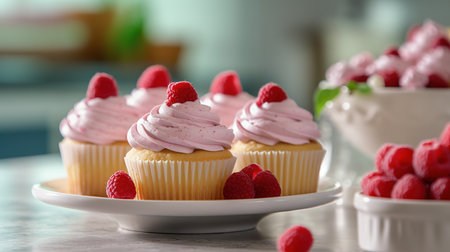Delicious cupcakes with berries on table in kitchen, closeupの素材