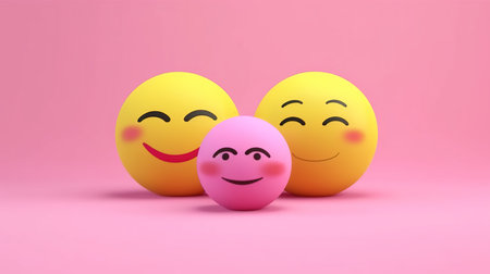3d illustration of yellow happy and sad emoticons on pink backgroundの素材
