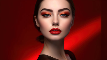 Fashion Beauty. Beautiful Woman With hairsyle  and Luxury Makeup isolated on red background in studio. Beautiful Girl Faceの素材