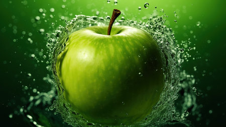 Green apple with water splash on green background. Healthy food concept.の素材