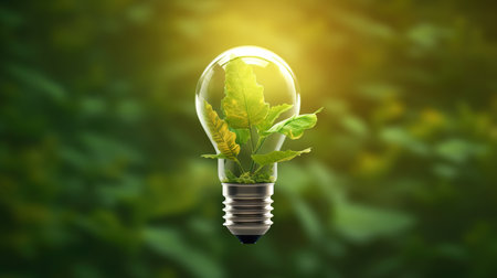 Ecology concept. Lightbulb with green plant growing inside. 3D renderingの素材
