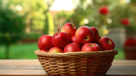 Basket with red apples on wooden table in garden, closeupの素材