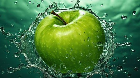 Green apple with water splash on green background. 3d illustration.の素材
