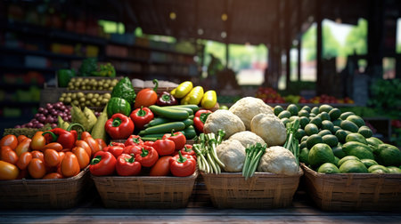 Vegetables in Baskets on the Market Stall, Blurred Backgroundの素材