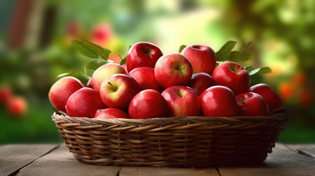 Ripe red apples in a basket on a wooden table in the gardenの素材