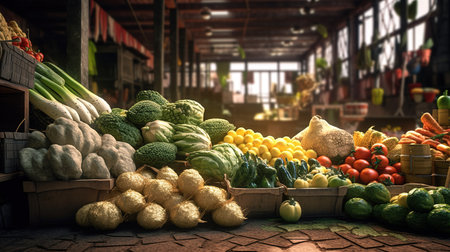 Fruits and vegetables at the farmers market. 3d rendering.の素材