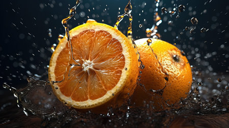 Water splashing on orange fruit with drops of water on dark backgroundの素材