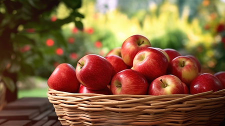 Ripe red apples in a wicker basket on a wooden table in the gardenの素材