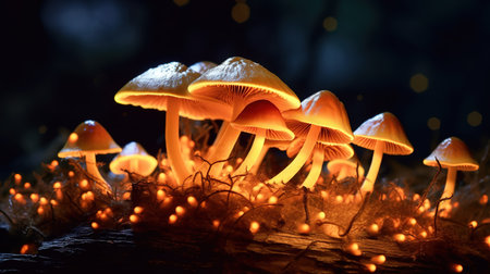 Mushrooms growing in the forest at night with bokeh backgroundの素材