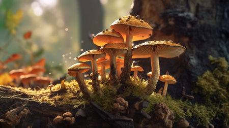 Mushrooms on a stump in the forest. Selective focus.の素材